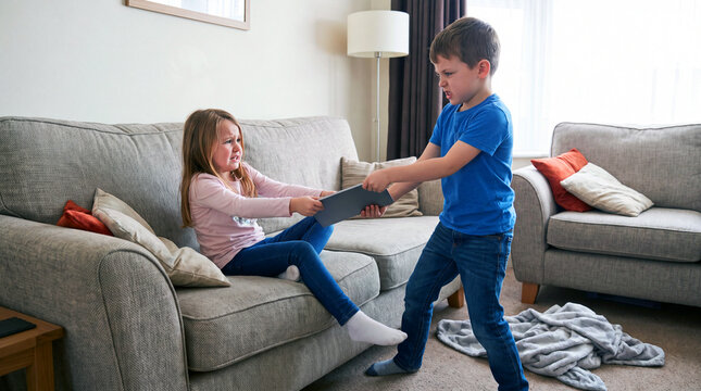 Brother and Sister Fighting Over Tablet on Living Room Sofa