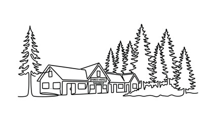 Obraz premium Continuous line drawing of a wooden cabin in a forest.