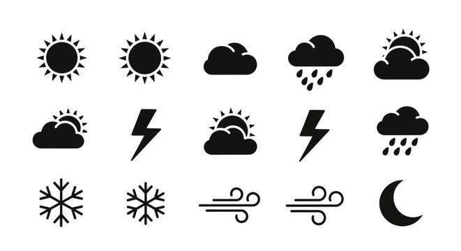 Weather forecast icons on white background with icons arranged rows black weather lightning symbols cloud rain snow wind moon sun