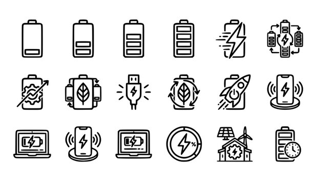 Fast charging battery vector icon set featuring power energy indicator rechargeable cell and charging status symbols