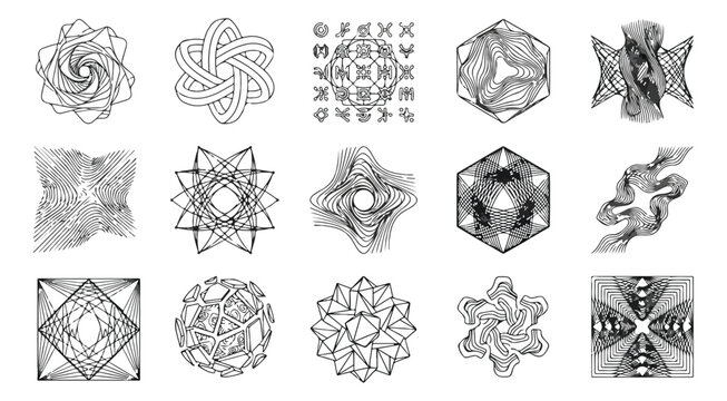 Abstract geometric line art shapes, set of 15 black and white vector guilloche elements, intricate mathematical spirograph patterns for logo design