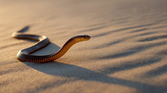 A sleek brown snake slithering across the dry textured golden sand during the late afternoon light