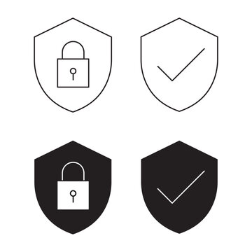 Shield with padlock and check mark safety secure vector icon set.Editable stroke, Vector illustration, Line art Icon, Symbols.