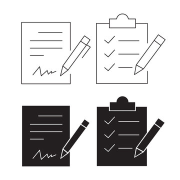 Contract agreement and checklist document with pen vector icon set.Editable stroke, Vector illustration, Line art Icon, Symbols.