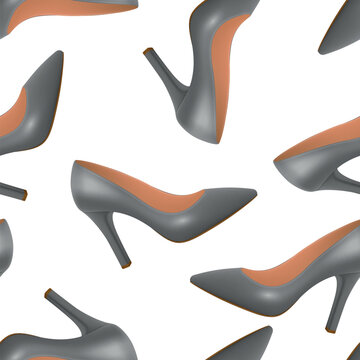 Grey High Heel Shoes Seamless Pattern Vector Illustration. Gray Stiletto Pumps Pattern. High Heels Fashion Background. Womens Shoes Repeat Print on White Background