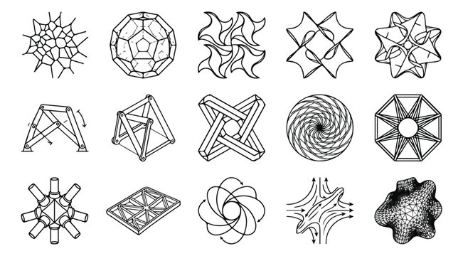 Geometric sacred geometry icons, set of 15 abstract linear symbols, minimalist black and white mathematical shapes for logo design and branding