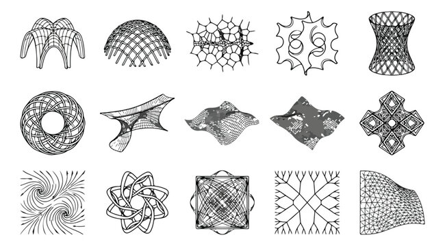 Parametric architectural wireframe elements, 15 geometric 3D mesh shapes, abstract generative design vector set for futuristic tech branding