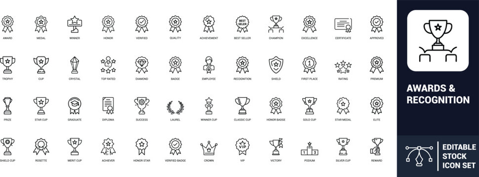 Awards recognition line art icons set award, medal, trophy, winner, champion, certificate, badge, crown, podium, best seller, honor, Web icon, App icon, Outline icon, Editable stroke, line art, Vector