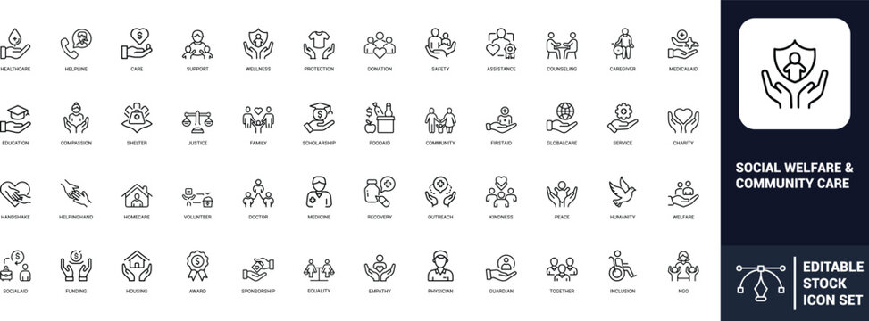 Social welfare community care line art icons set healthcare, donation, support, wellness, protection, safety, assistance, counseling, caregiver, Web icon, App icon, Outline icon, Editable stroke, line