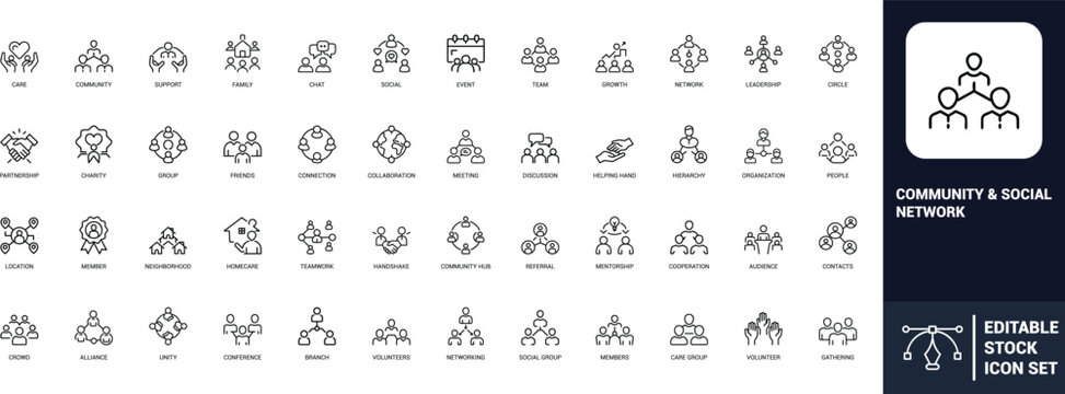 Community social network line art icons set care, community, support, family, team, network, partnership, charity, group, collaboration, meeting, Web icon, App icon, Outline icon, Editable stroke, lin