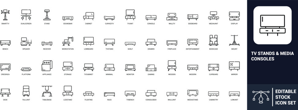 TV stands media consoles line art icons set smart tv, tv unit, cabinet, soundbar, wall tv, media unit, entertainment center, Web icon, App icon, Outline icon, Editable stroke, line art, Vector EPS