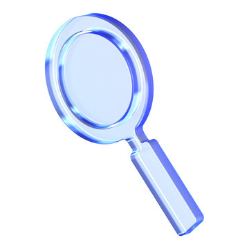 Glassmorphism icon featuring transparent magnifying glass with blue metallic edges for search