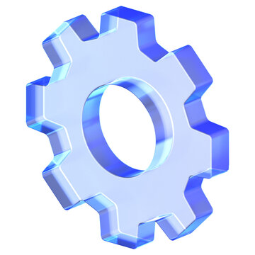Glassmorphism icon featuring transparent industrial gear wheel with blue edges for settings