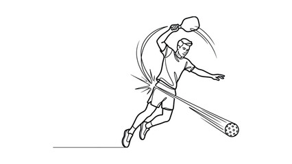 Fototapeta premium Continuous line drawing of a male pickleball player hitting a ball with a paddle.