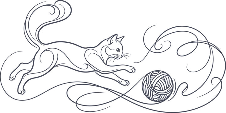 A playful cat jumps and pounces on a ball of yarn with swirling lines conveying motion and energy in a whimsical illustration style.