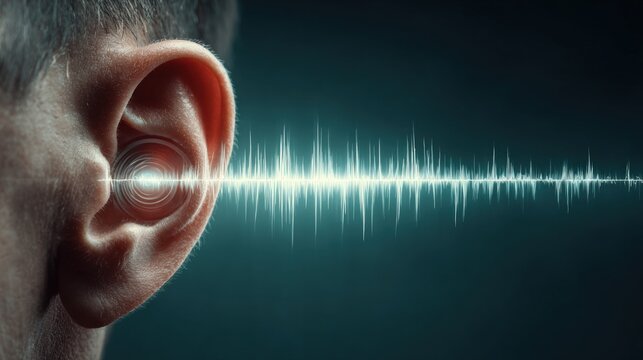 Human ear close up with futuristic glowing audio waveform.