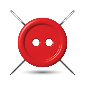 Vector 3d Red Sewing Button With Needles Icon, Isolated. Tailoring Craft Symbol. Clothing Fastener, Needlework Accessories, Dressmaker Atelier Illustration. Sewing Supplies