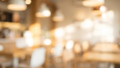 Obraz premium A blurred interior of a cozy restaurant with wooden tables and soft lighting, creating a warm and inviting atmosphere for diners.