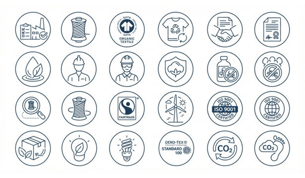 
Textile factory compliance and eco certification monoline vector icon set, sustainable manufacturing badges