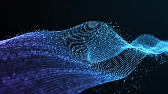 Blue wave particle line abstract digital network dark glow curve with flowing luminous dots mesh futuristic data motion pattern smooth technology background black space