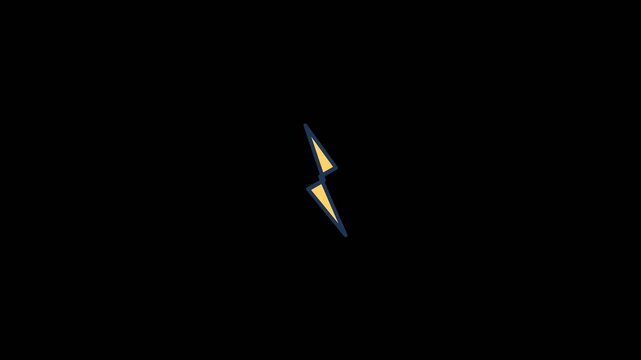 Lightning bolt icon animation featuring a vibrant yellow shape with dark blue outlines set against a clean black background video