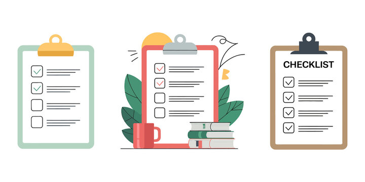 Set of three business clipboards with to do list and paper documents icons silhouettes