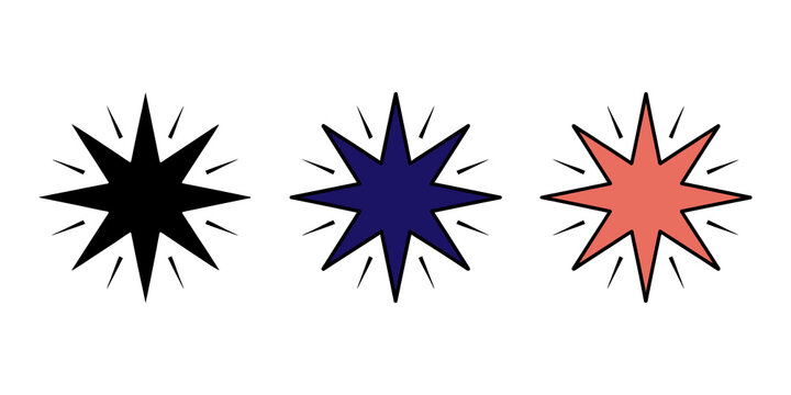 Three colorful star silhouettes shapes with rays in a simple flat vector style