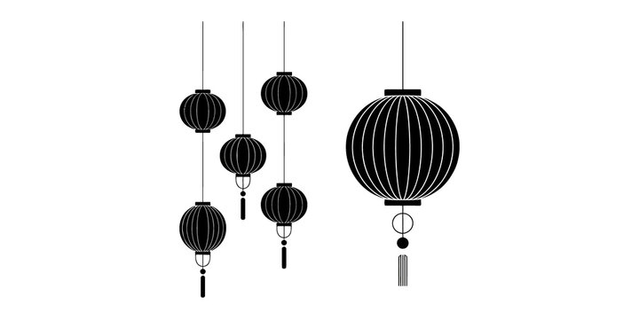 Black traditional chinese paper lanterns hanging in a group icons silhouettes