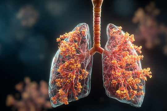 3D Rendering of Lungs Infected with Coronavirus Particles.
