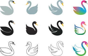 Fototapeta premium Swan vector icon set with black silhouette line art and colorful gradient logo designs isolated on white background