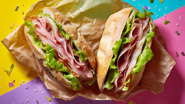 Delicious Ham and Lettuce Sandwich on a Rustic Baguette.