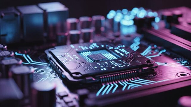 Microchip circuit board processor electronic technology closeup glowing blue trace capacitor hardware semiconductor component purple neon light computing detail data connection