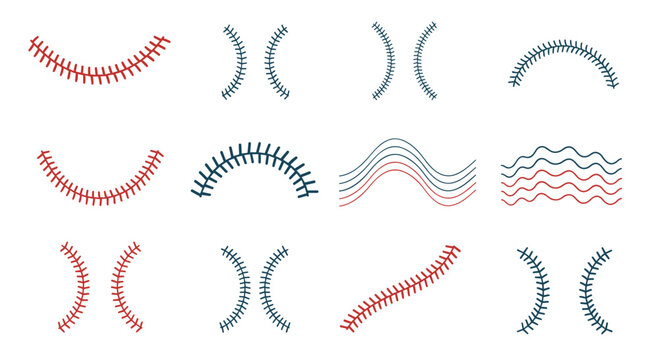 Collection of various baseball stitching patterns and decorative curved lines for sports themed graphic designs.