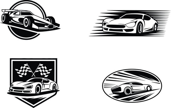 Black and white sports car racing logo designs with checkered flags  speed and motion graphics