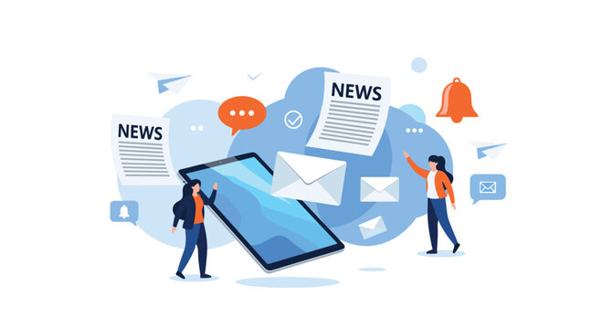 Digital media and news distribution concept showing people interacting with a large tablet screen surrounded by mail envelopes and notifications.