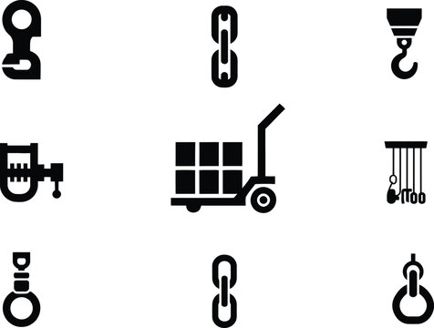 Collection of industrial icons including a pallet jack and chain links on white background
