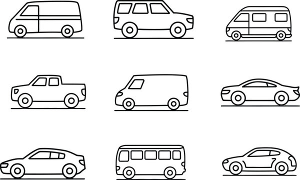 Various types of vehicles in side view on white background  cars and vans