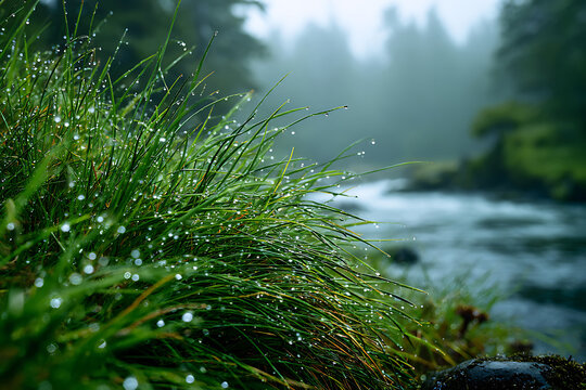 Misty Riverbank Serenity: Glistening Dew on Lush Green Grass