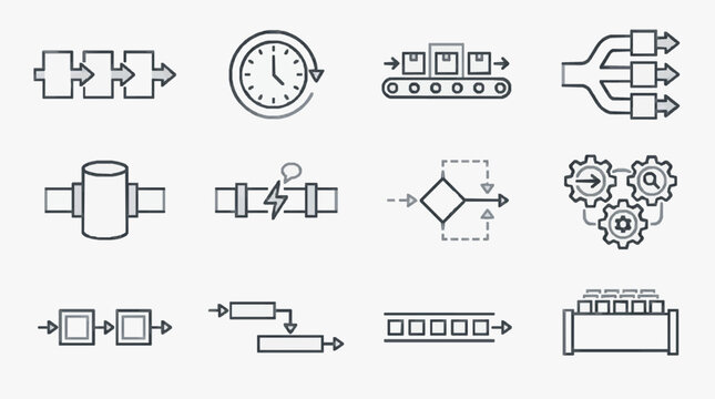 Sleek Black and White Icons Showing Various Industrial and Data Processing Workflow Concepts with high quality professional line art symbols for modern creative design and digital branding projects