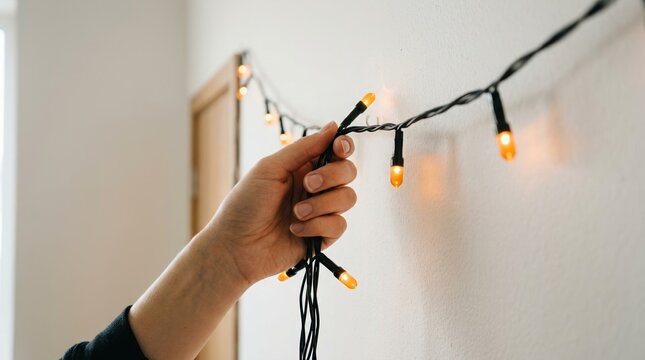 Close up of a young woman hand holding glowing fairy lights against a white wall for home interior decoration and cozy festive atmosphere