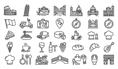 Traditional Italy Line Icon Set with Gondola Pizza Pasta Coffee and Mediterranean Culture Vector Icons © Lipon