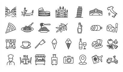 Italian Travel and Food Outline Icon Set Featuring Venice Gondola Pizza Pasta and Heritage Symbols © Lipon