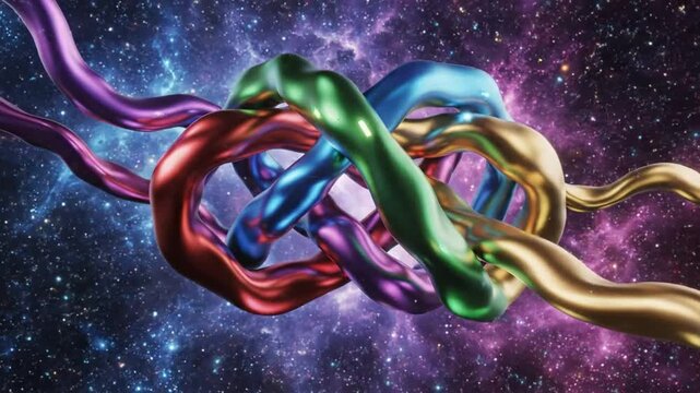 Abstract illustration of interlocked ribbons forming a complex shape with metallic hands against cosmic background