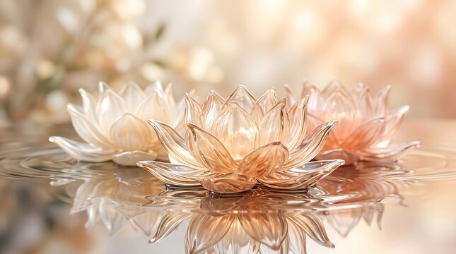 Glass lotus flower candles floating on water reflecting soft golden ambient light with floating reflection peaceful meditation spiritual wellness background tranquil transparent sculpture