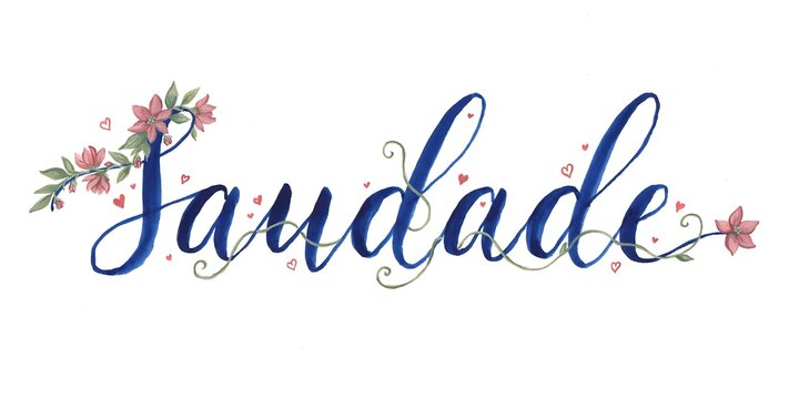 Saudade Calligraphy with Pink Flowers on White Background