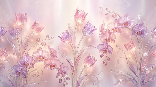 Ethereal crystal flower garden with soft pink and purple lighting and sparkling lens flare ethereal botanical abstract romantic beautiful delicate background artistic brilliant glamorous