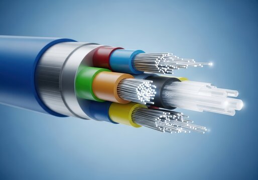 Closeup of a fiber optic cable with colorful internal strands against a blue background