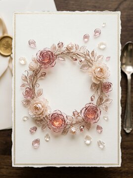 Elegant handmade wedding greeting card with a rose gold floral wreath design and sparkling crystal accents invitation handmade stationery romantic celebration greeting botanical decoration