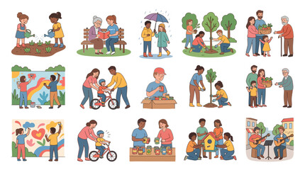 Fototapeta premium Diverse group of people engaging in various community and social activities illustration.