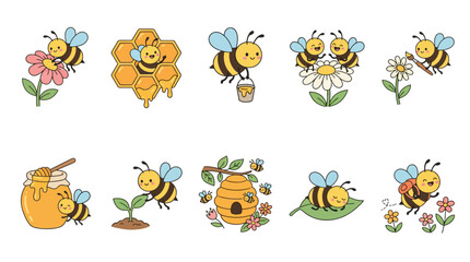 Obraz premium Set of cute cartoon bees with honey and flowers.